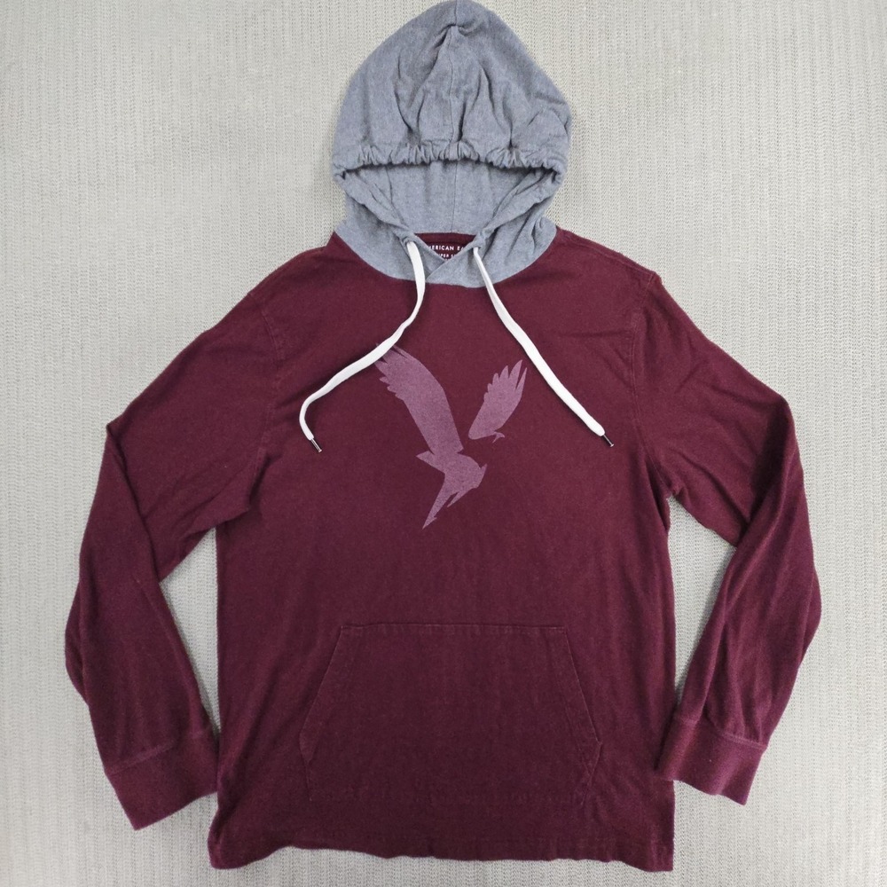 American Eagle Hoodie Shirt Mens Medium Red Super Soft Bird Logo Pullover Gray